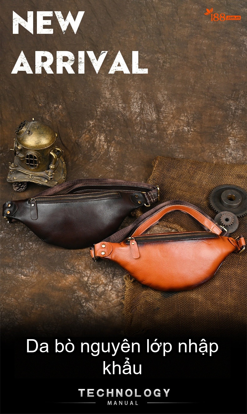 Túi Đeo Hông/Ngực Nam Da Bò Thủ Công Vintage Màu Nâu, Đen chi tiết 1
