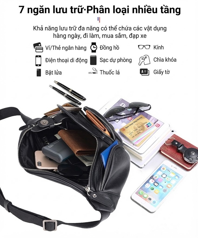 Túi đeo chéo nam da thật chống nước phong cách thể thao chi tiết 6