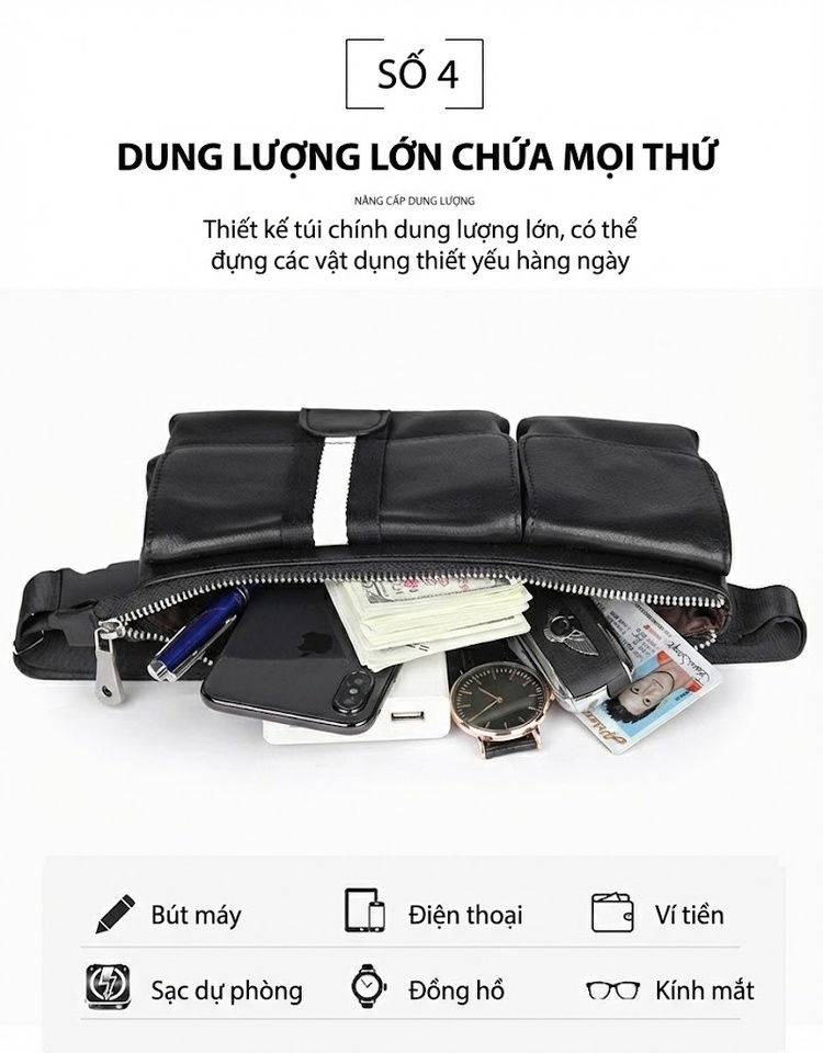 Túi Đeo Hông/Ngực Nam Da Thật Phong Cách Âu Mỹ Màu Đen chi tiết 8