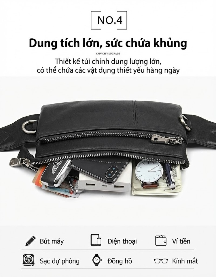Túi Đeo Hông/Ngực Nam Nữ Da Thật Đa Năng, Dung Tích Lớn Màu Đen chi tiết 8