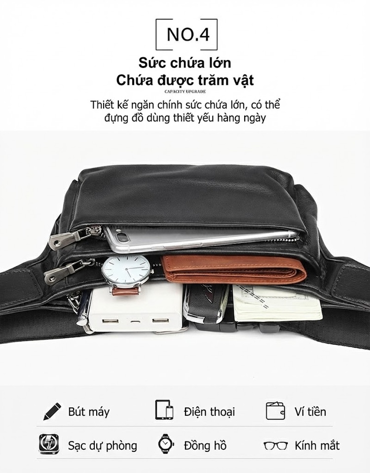 Túi Đeo Hông/Ngực/Vai Nam Da Bò Thật Thời Trang Công Sở Màu Đen chi tiết 9