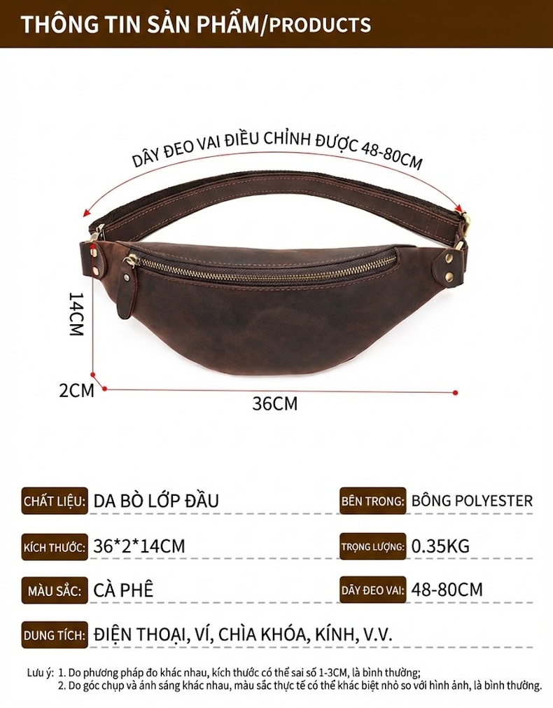 Túi Đeo Hông/Ngực/Vai Nam Da Bò Thời Trang chi tiết 3