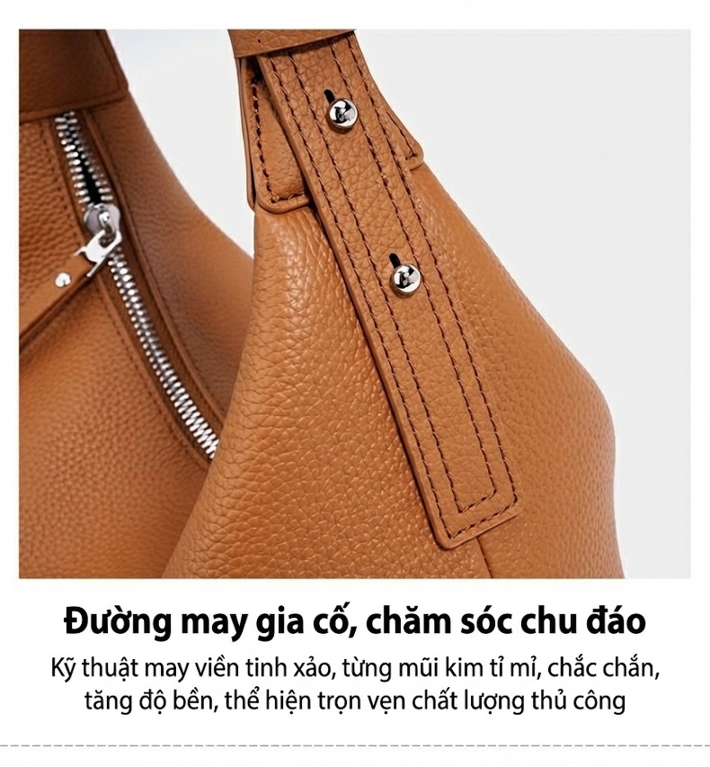Túi Đeo Nách Nữ Da Thật Kiểu Bánh Mì Pháp Cao Cấp Màu Trắng Kem, Đen, Nâu, Xanh Dương chi tiết 12