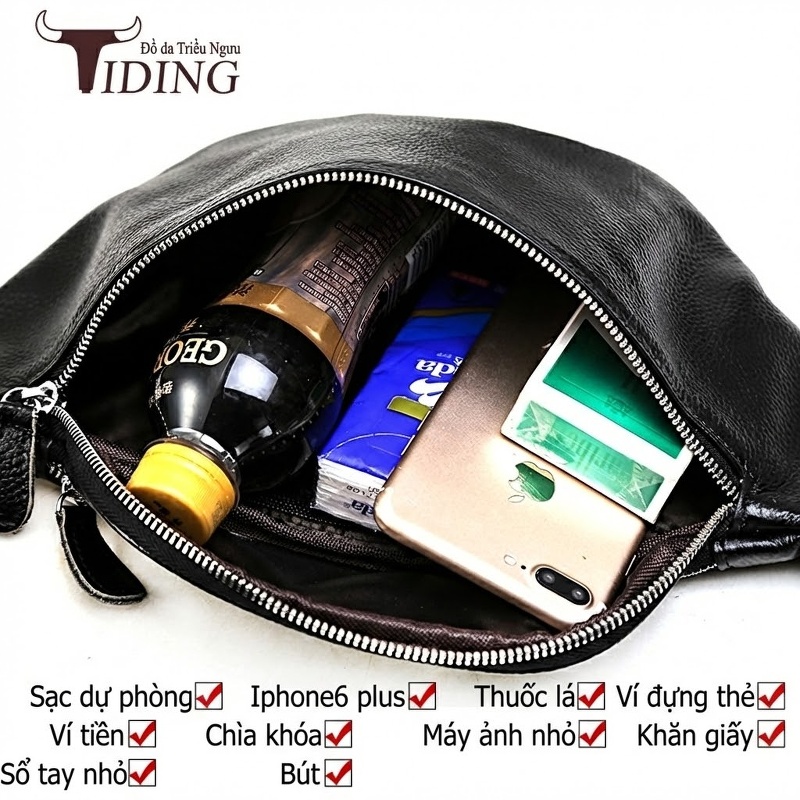 Túi Đeo Ngực/Bụng/Hông Nam Da Bò Thời Trang Màu Đen, Nâu