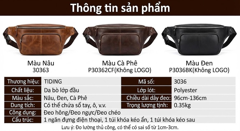 Túi Đeo Ngực/Bụng/Hông Nam Da Bò Thời Trang Màu Đen, Nâu chi tiết 26