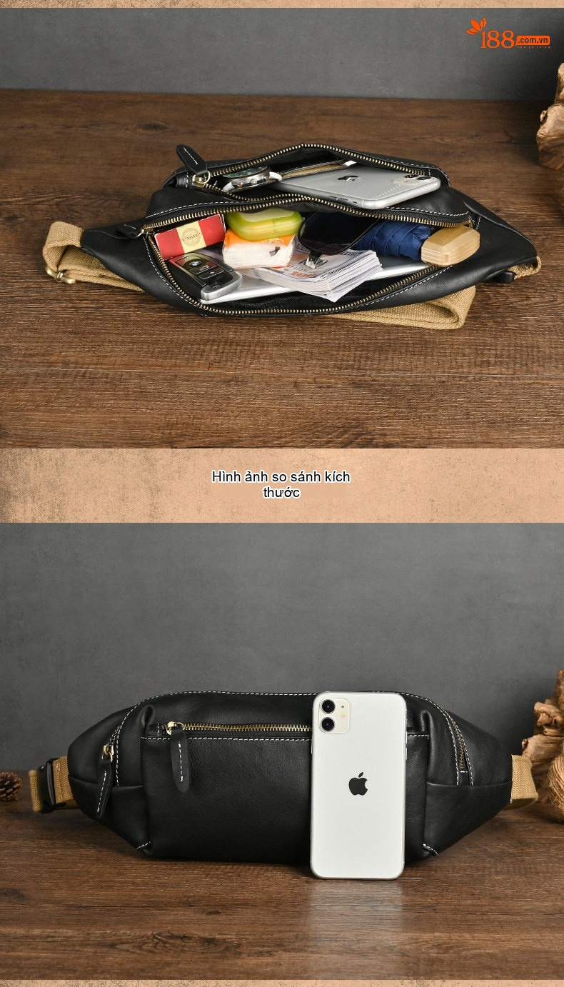 Túi Đeo Ngực/Bụng Nam Da Bò Mềm Mại Kiểu Dáng Đơn Giản Màu Đen chi tiết 10