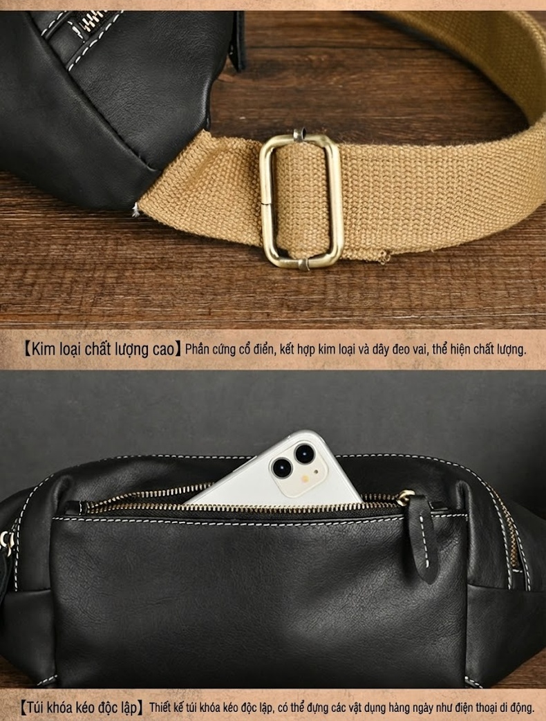 Túi Đeo Ngực/Bụng Nam Da Bò Mềm Mại Kiểu Dáng Đơn Giản Màu Đen chi tiết 14