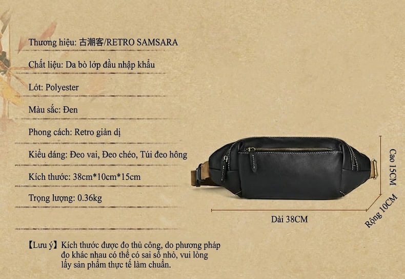 Túi Đeo Ngực/Bụng Nam Da Bò Mềm Mại Kiểu Dáng Đơn Giản Màu Đen chi tiết 3