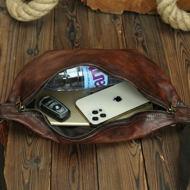 Túi Đeo Ngực/Bụng Nam Da Bò Thật Thủ Công Vintage Đeo Chéo Du Lịch, Đi Phượt Màu Nâu