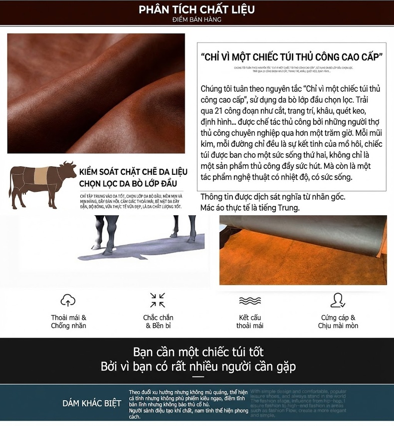 Túi Đeo Ngực/Bụng Nam Da Thật Crazy Horse Da Bò Hai Khóa Kéo Phong Cách Retro Màu Nâu, Vàng Nâu chi tiết 2