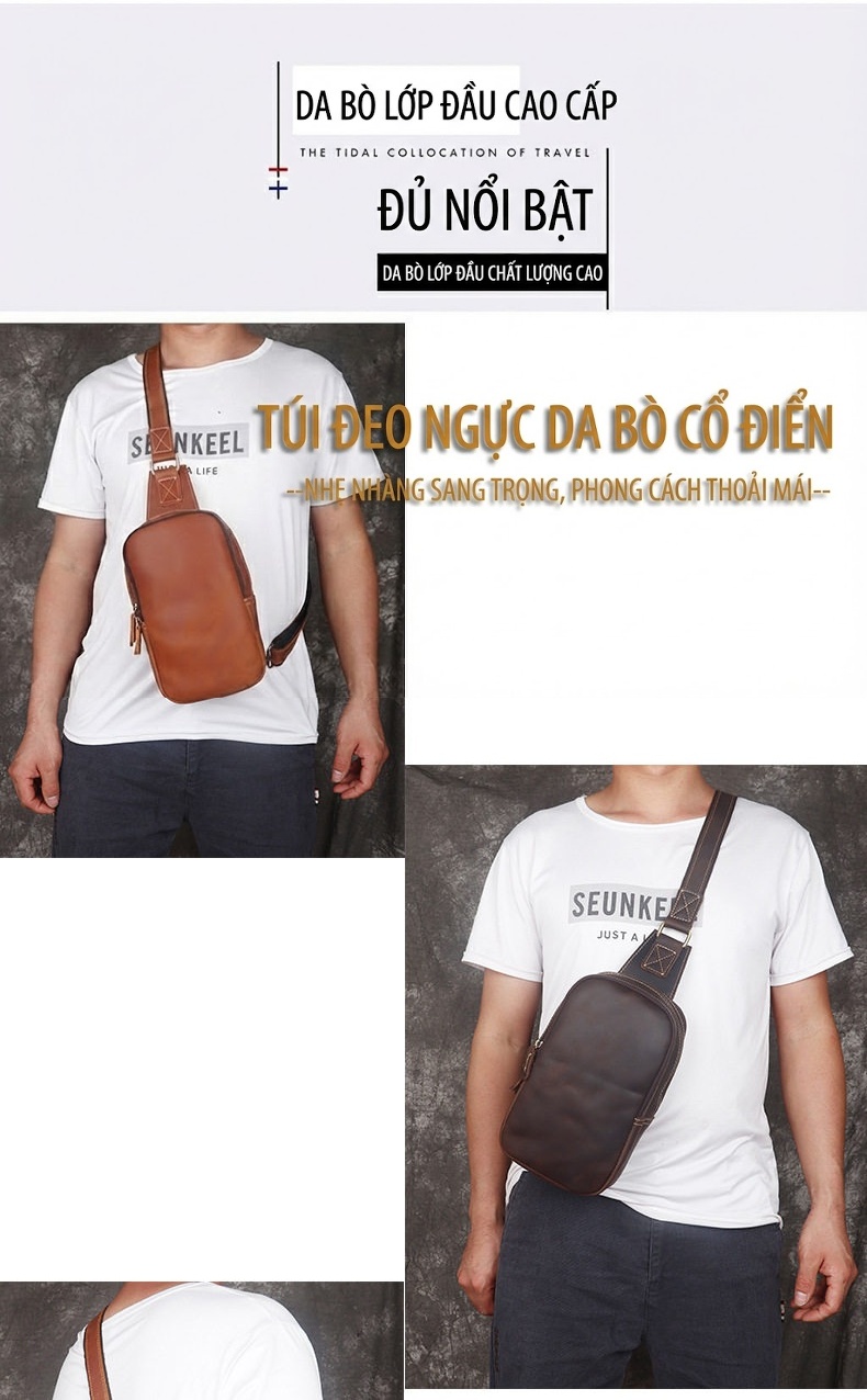 Túi Đeo Ngực/Bụng Nam Da Thật Crazy Horse Da Bò Hai Khóa Kéo Phong Cách Retro Màu Nâu, Vàng Nâu chi tiết 3