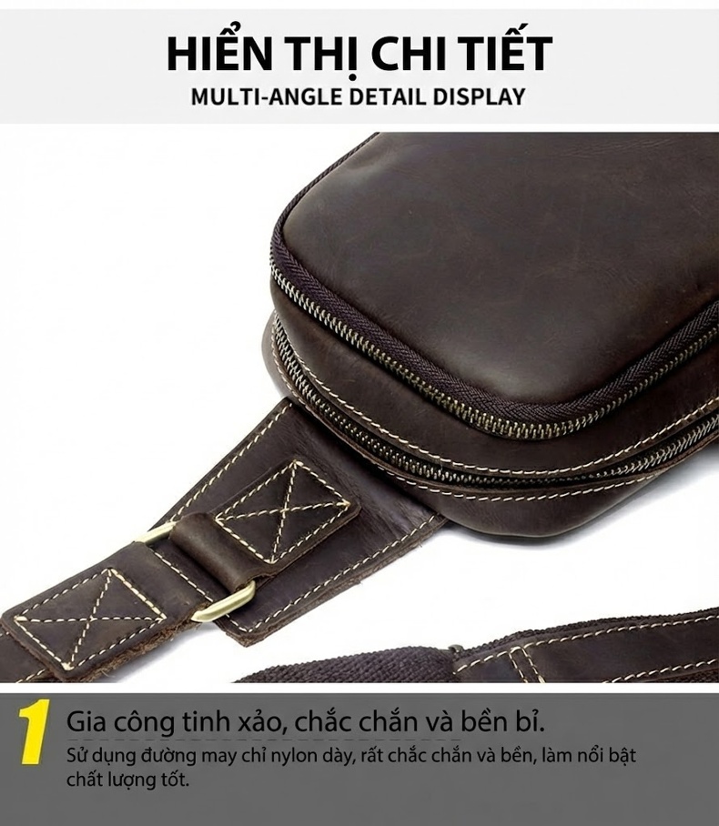 Túi Đeo Ngực/Bụng Nam Da Thật Crazy Horse Da Bò Hai Khóa Kéo Phong Cách Retro Màu Nâu, Vàng Nâu chi tiết 17