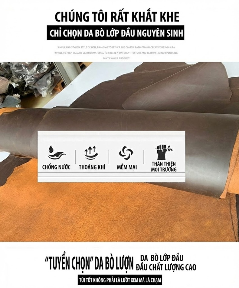 Túi Đeo Ngực/Bụng Nam Da Thật Crazy Horse Da Bò Hai Khóa Kéo Phong Cách Retro Màu Nâu, Vàng Nâu chi tiết 8