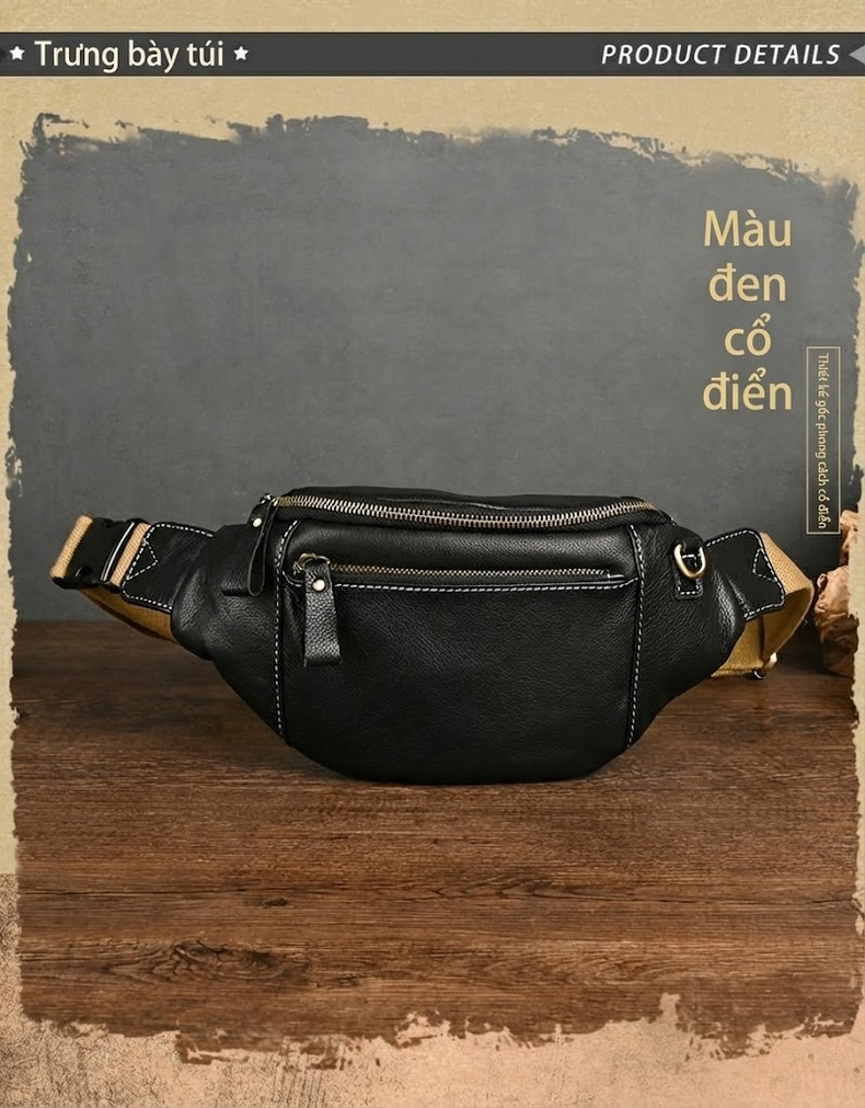 Túi Đeo Ngực/Bụng Nam Da Thật Đa Năng, Túi Đeo Hông Nữ Da Mềm, Túi Đeo Chéo Đựng Điện Thoại Màu Đen chi tiết 4