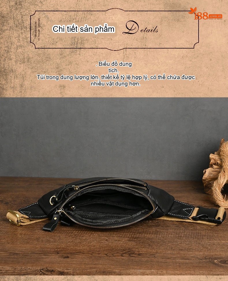 Túi Đeo Ngực/Bụng Nam Da Thật Đa Năng, Túi Đeo Hông Nữ Da Mềm, Túi Đeo Chéo Đựng Điện Thoại Màu Đen chi tiết 11