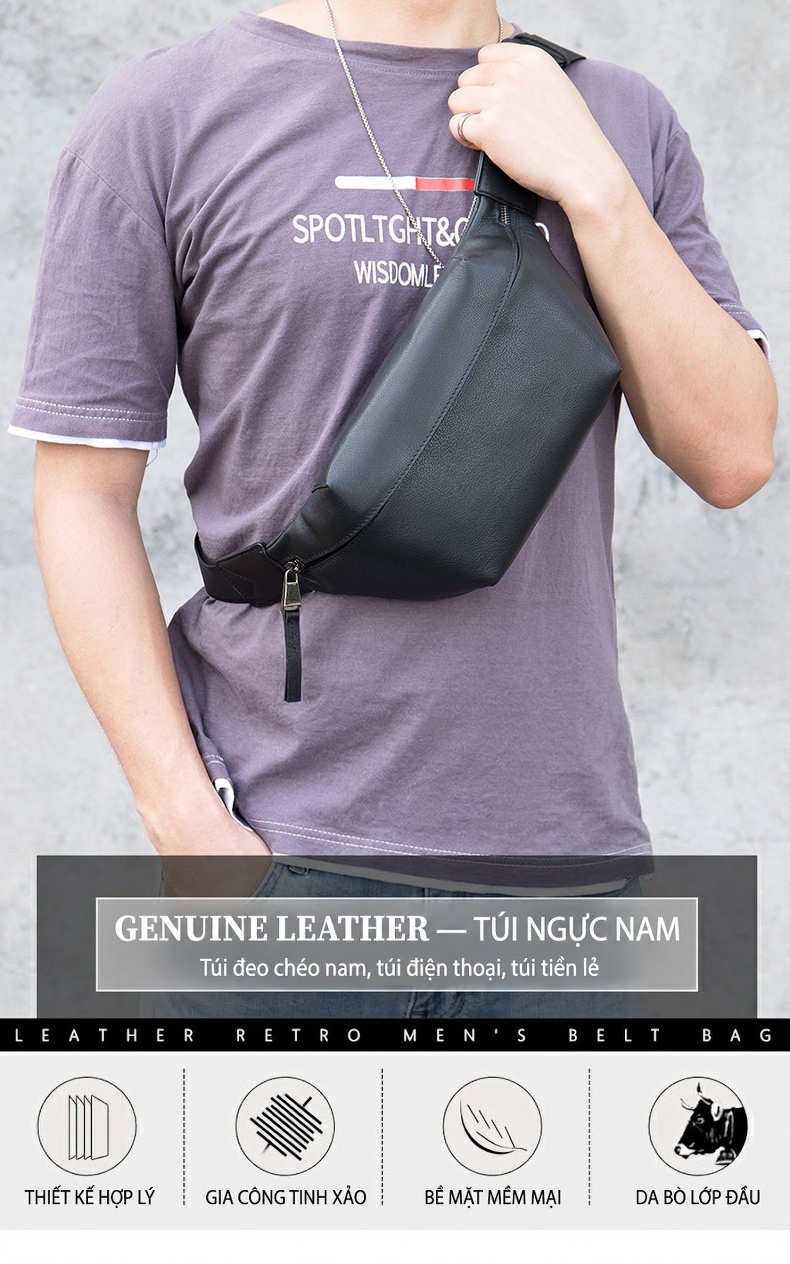 Túi Đeo Ngực/Bụng Nam Da Thật Mới Nhất Màu Đen chi tiết 1