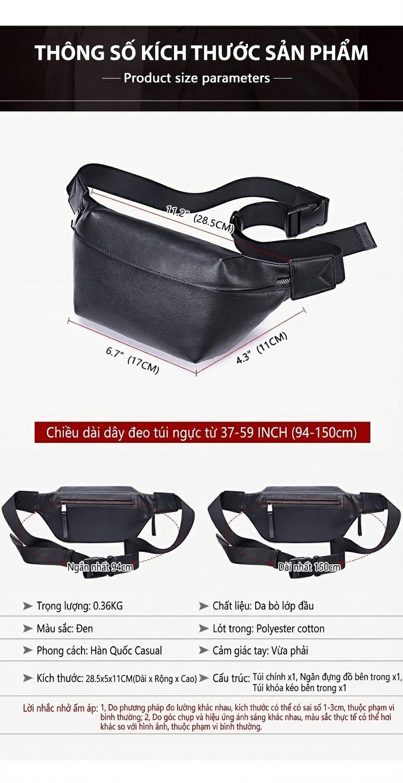 Túi Đeo Ngực/Bụng Nam Da Thật Mới Nhất Màu Đen chi tiết 11