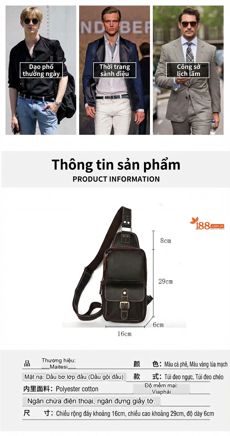 Túi Đeo Ngực/Bụng Nam Da Thật Phong Cách Âu Mỹ Cổ Điển Dung Tích Lớn Màu Nâu chi tiết 6