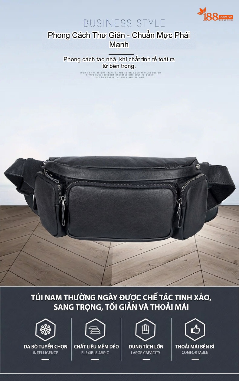 Túi Đeo Ngực/Bụng Nam Da Thật Phong Cách Hàn Quốc Màu Đen chi tiết 1