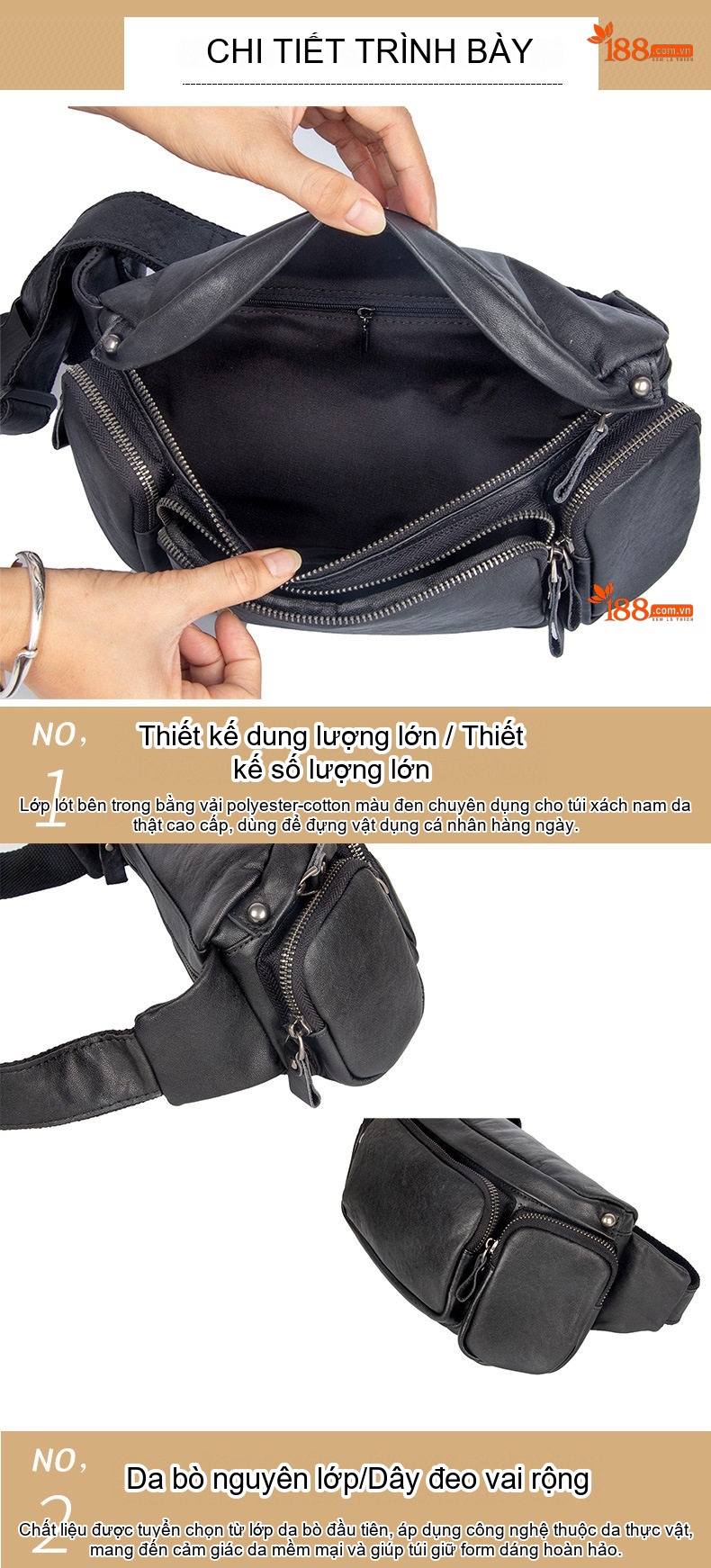 Túi Đeo Ngực/Bụng Nam Da Thật Phong Cách Hàn Quốc Màu Đen chi tiết 12