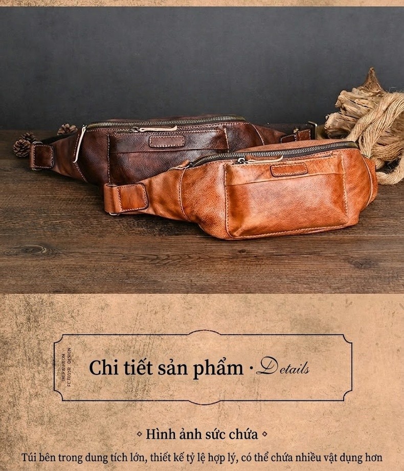 Túi Đeo Ngực/Bụng Nam Da Thật Thủ Công Nhiều Ngăn Màu Nâu chi tiết 6