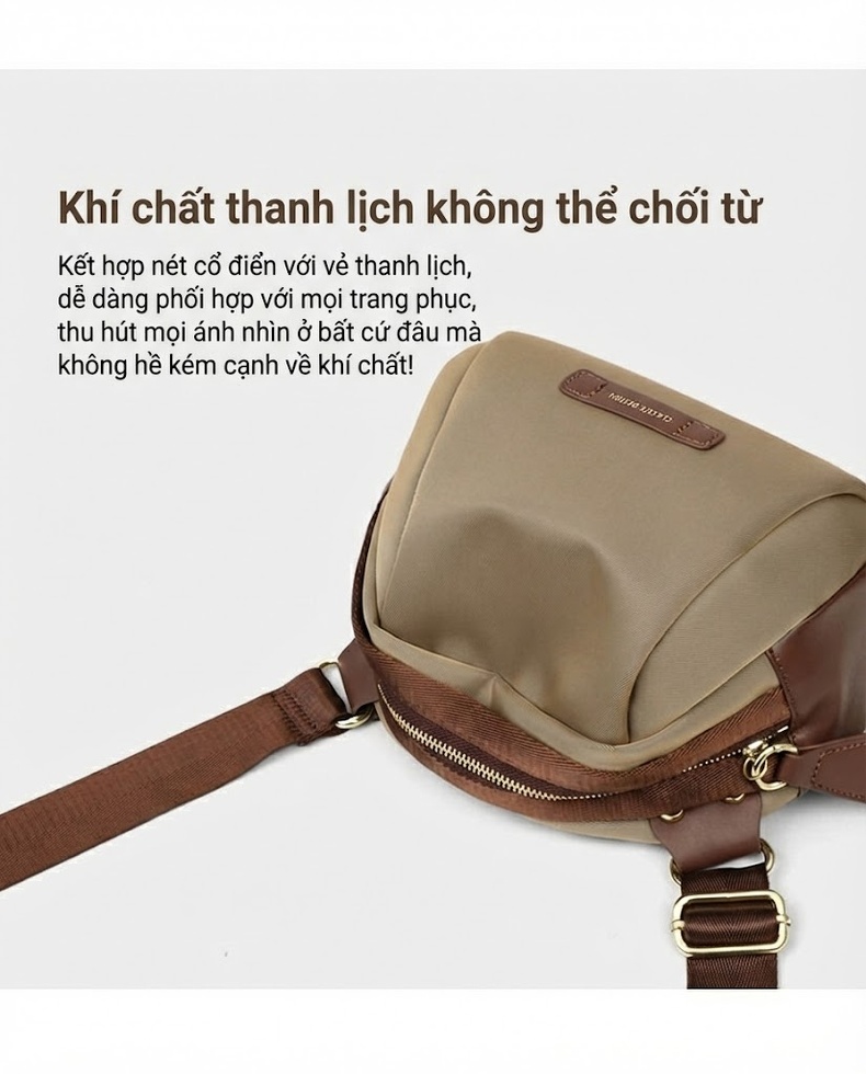 Túi Đeo Ngực/Bụng/Vai Nữ Vải Canvas Đeo Chéo Kiểu Ba Lô Nhỏ Gọn Màu Nâu, Be chi tiết 4