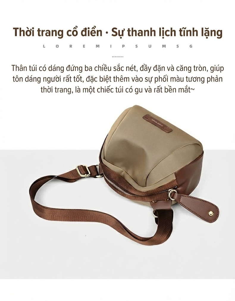 Túi Đeo Ngực/Bụng/Vai Nữ Vải Canvas Đeo Chéo Kiểu Ba Lô Nhỏ Gọn Màu Nâu, Be chi tiết 6