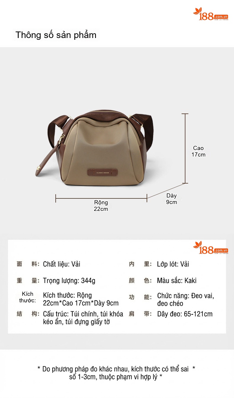 Túi Đeo Ngực/Bụng/Vai Nữ Vải Canvas Đeo Chéo Kiểu Ba Lô Nhỏ Gọn Màu Nâu, Be chi tiết 13