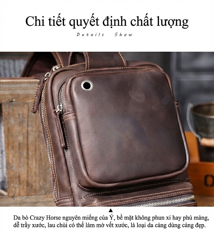 Túi Đeo Ngực/Đeo Chéo Nam Da Bò Dung Tích Lớn Phong Cách Retro chi tiết 12