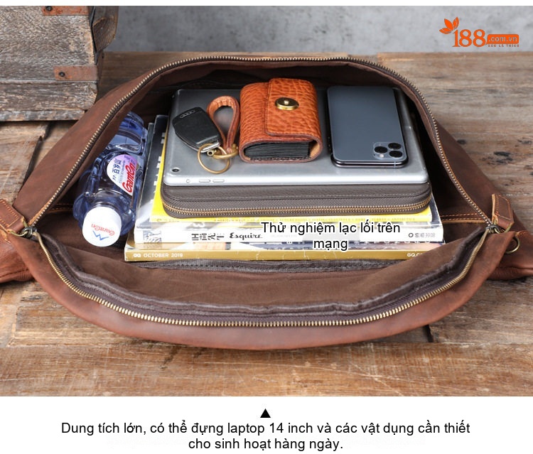 Túi Đeo Ngực/Đeo Chéo Nam Da Bò Lớn Phong Cách Retro Màu Nâu, Đen chi tiết 13