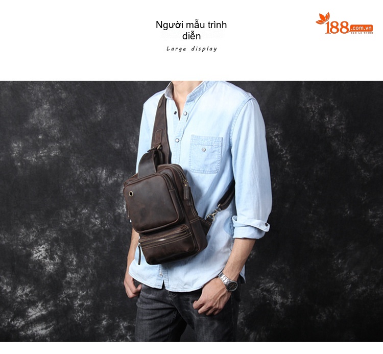 Túi Đeo Ngực/Đeo Chéo Nam Da Bò Lớp Đầu Vintage Dung Tích Lớn Màu Nâu chi tiết 4