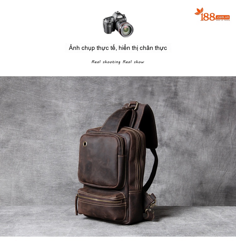 Túi Đeo Ngực/Đeo Chéo Nam Da Bò Lớp Đầu Vintage Dung Tích Lớn Màu Nâu chi tiết 12