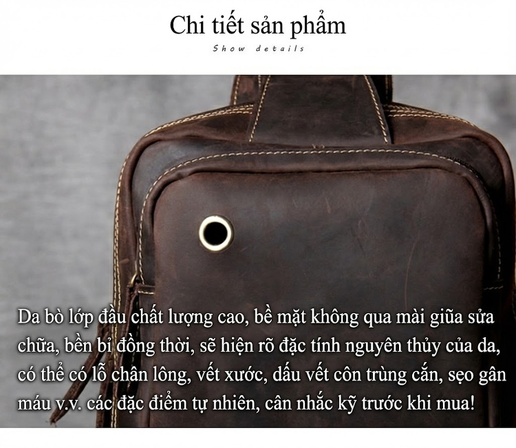 Túi Đeo Ngực/Đeo Chéo Nam Da Bò Lớp Đầu Vintage Dung Tích Lớn Màu Nâu chi tiết 19