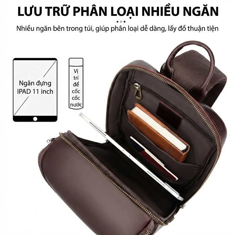 Túi Đeo Ngực/Đeo Chéo Nam Da Bò Retro Cổ Điển, Sức Chứa Lớn Đựng Ipad 11 Inch Màu Nâu