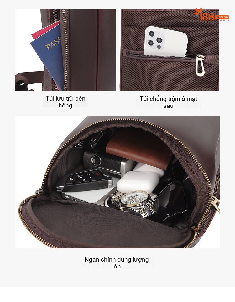 Túi Đeo Ngực/Đeo Chéo Nam Da Bò Retro Cổ Điển, Sức Chứa Lớn Đựng Ipad 11 Inch Màu Nâu chi tiết 6