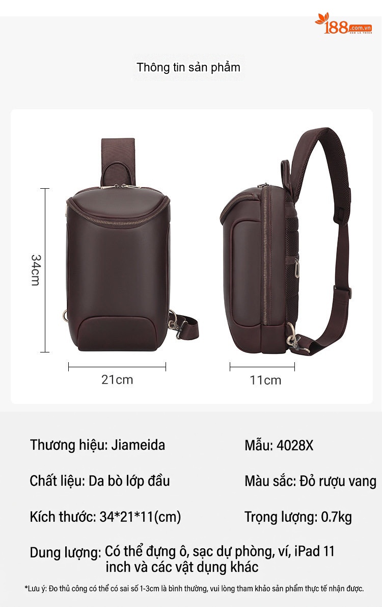 Túi Đeo Ngực/Đeo Chéo Nam Da Bò Retro Cổ Điển, Sức Chứa Lớn Đựng Ipad 11 Inch Màu Nâu chi tiết 9