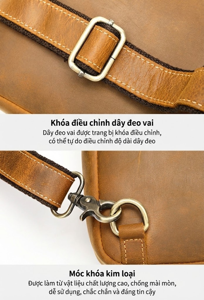 Túi Đeo Ngực/Đeo Chéo Nam Da Bò Sáp Kiểu Cổ Điển Đa Năng Màu Nâu chi tiết 16