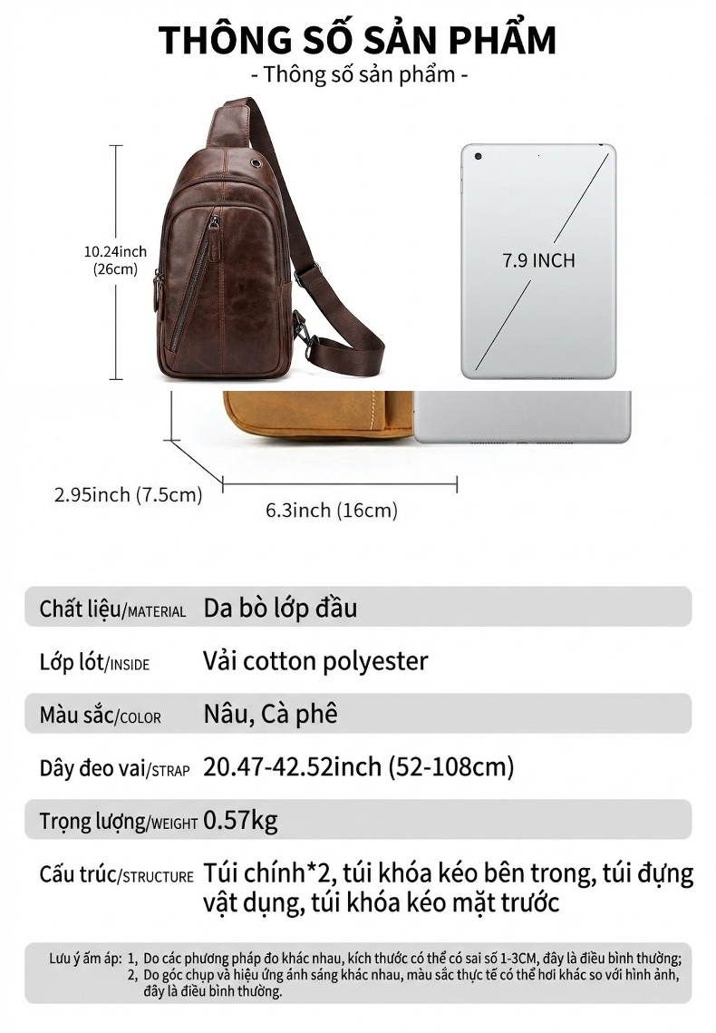 Túi Đeo Ngực/Đeo Chéo Nam Da Bò Sáp Kiểu Cổ Điển Đa Năng Màu Nâu chi tiết 2