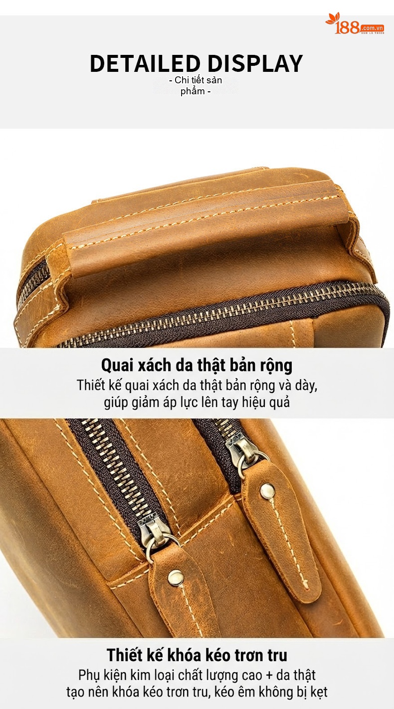 Túi Đeo Ngực/Đeo Chéo Nam Da Bò Sáp Kiểu Cổ Điển Đa Năng Màu Nâu chi tiết 15