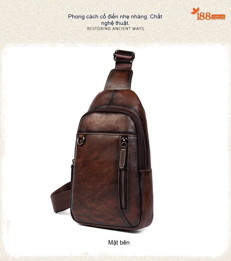 Túi Đeo Ngực/Đeo Chéo Nam Da Bò Thật Phong Cách Retro Màu Nâu, Đen chi tiết 9