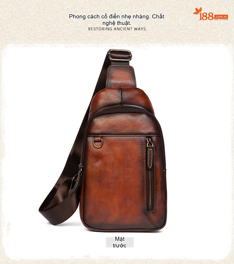Túi Đeo Ngực/Đeo Chéo Nam Da Bò Thật Phong Cách Retro Màu Nâu, Đen chi tiết 10