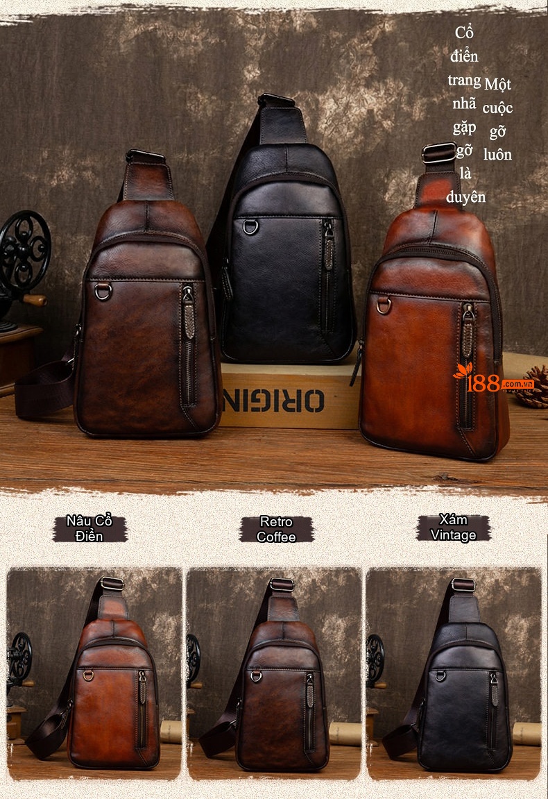 Túi Đeo Ngực/Đeo Chéo Nam Da Bò Thật Phong Cách Retro Màu Nâu, Đen chi tiết 1