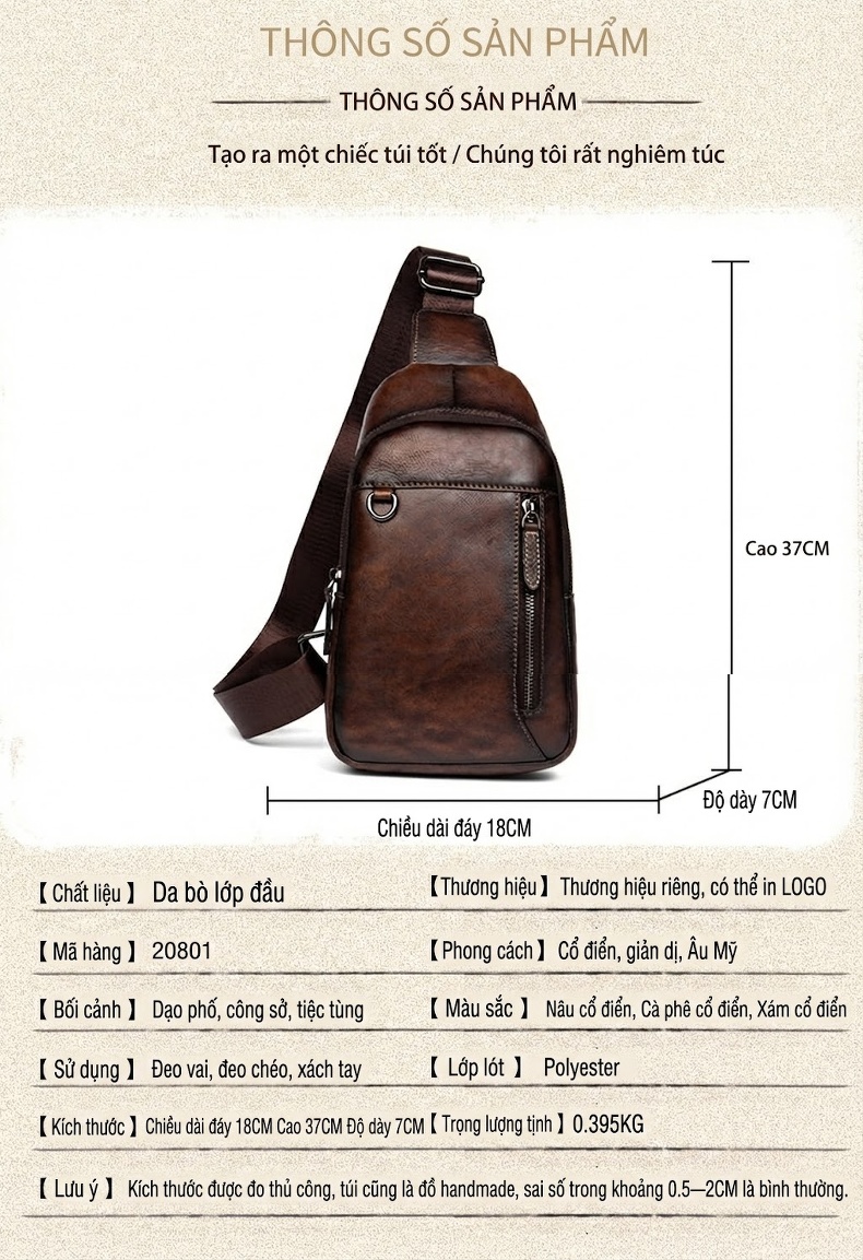 Túi Đeo Ngực/Đeo Chéo Nam Da Bò Thật Phong Cách Retro Màu Nâu, Đen chi tiết 4