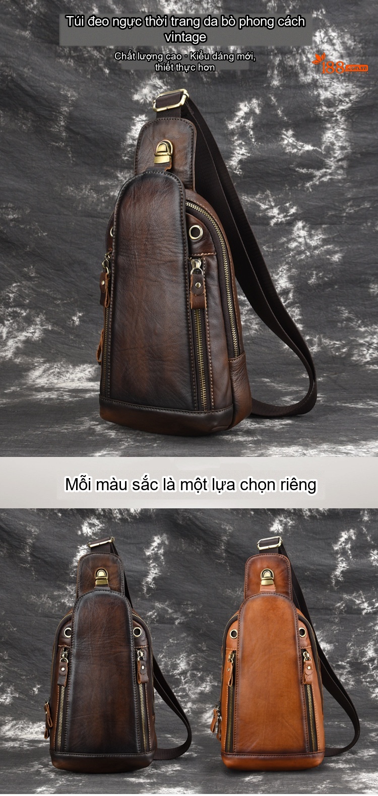 Túi Đeo Ngực/Đeo Chéo Nam Da Bò Thủ Công Màu Nâu Vàng chi tiết 1