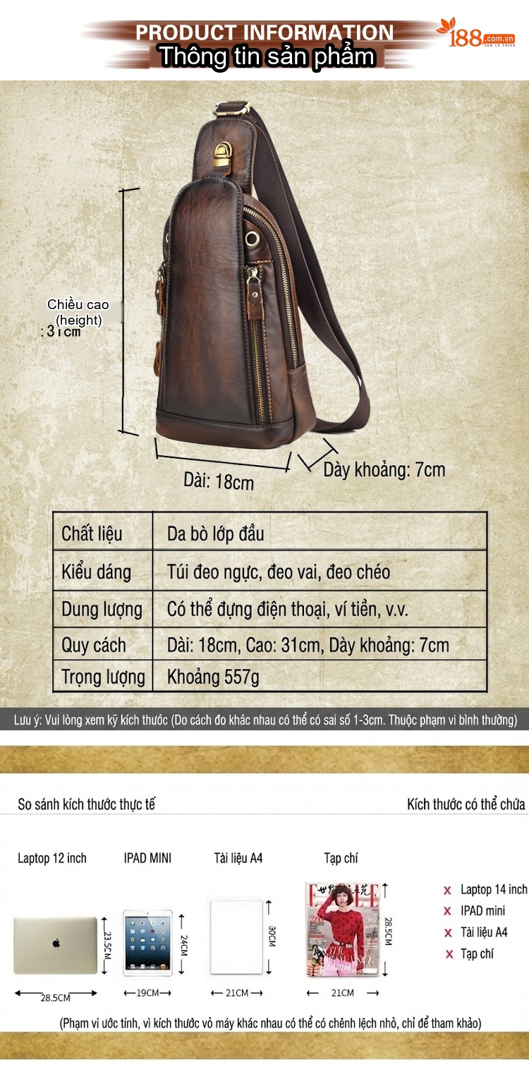 Túi Đeo Ngực/Đeo Chéo Nam Da Bò Thủ Công Màu Nâu Vàng chi tiết 2