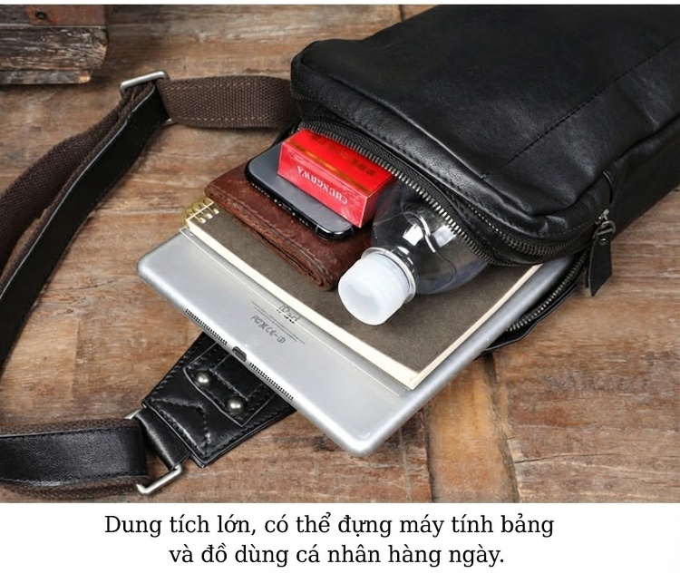 Túi Đeo Ngực/Đeo Chéo Nam Da Bò Thủ Công Phong Cách Retro Màu Đen, Nâu, Cam chi tiết 4