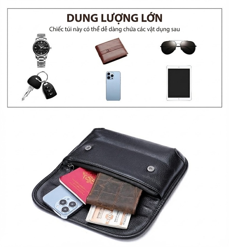 Túi Đeo Ngực/Đeo Chéo Nam Da Thật Chống Thấm Nước Thiết Kế Tối Giản Màu Đen chi tiết 20