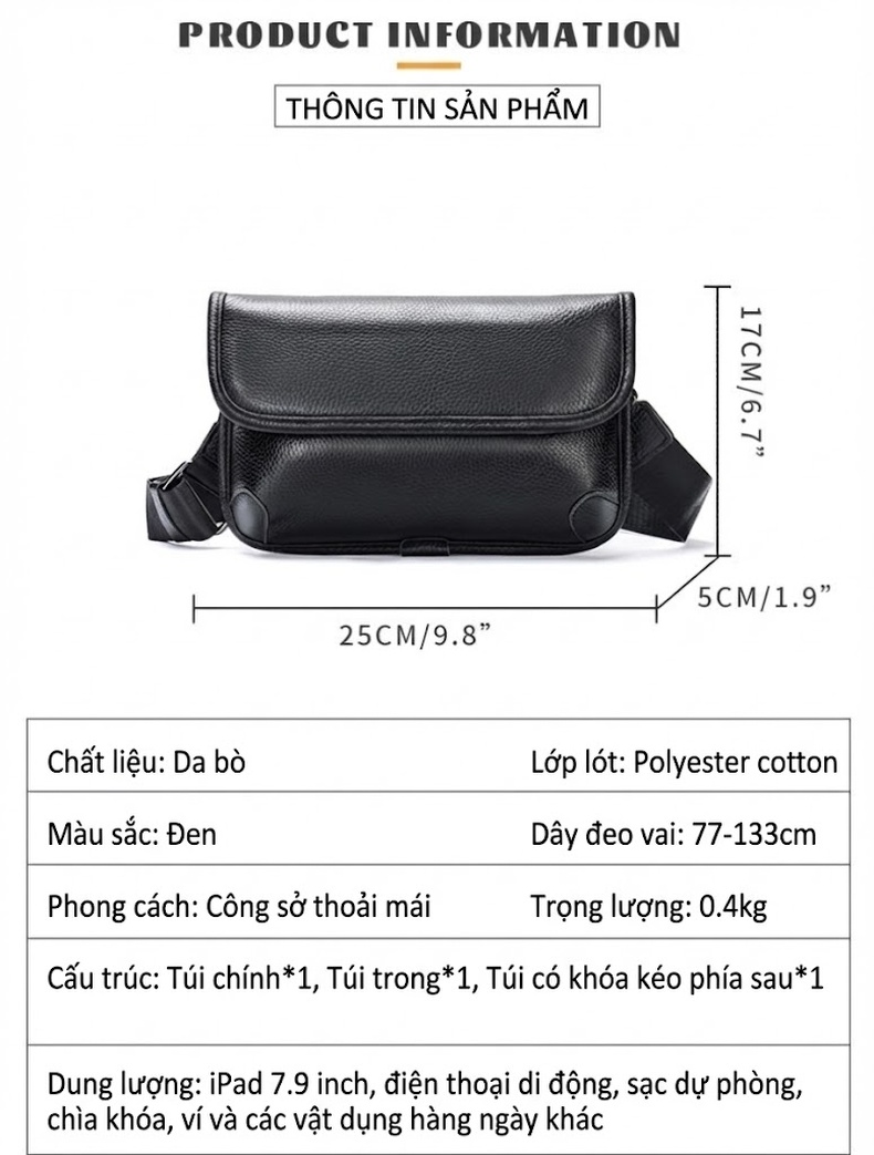 Túi Đeo Ngực/Đeo Chéo Nam Da Thật Chống Thấm Nước Thiết Kế Tối Giản Màu Đen chi tiết 14