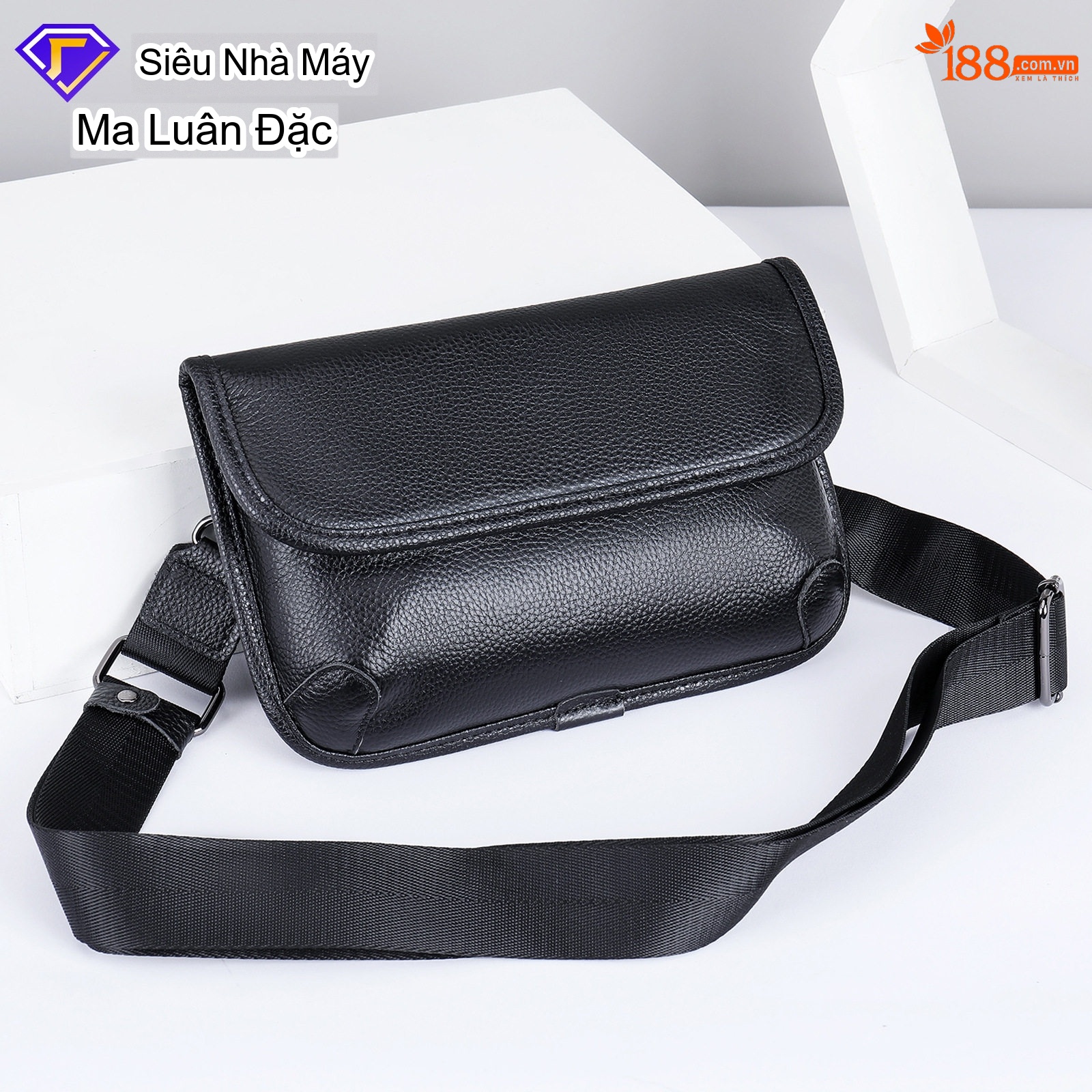 Túi Đeo Ngực/Đeo Chéo Nam Da Thật Chống Thấm Nước Thiết Kế Tối Giản Màu Đen
