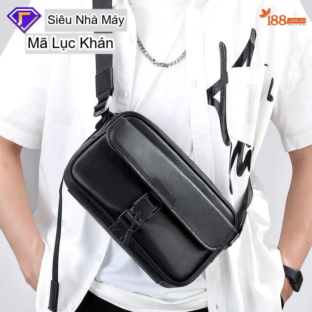 Túi Đeo Ngực/Đeo Chéo Nam Da Thật Chống Thấm Nước Thiết Kế Tối Giản Màu Đen chi tiết 1